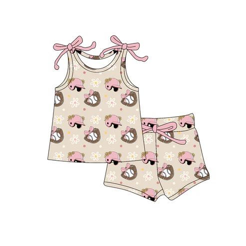 Custom Baby Girls Bows Sleeveless Baseball Hats Top Short Set D 4.18