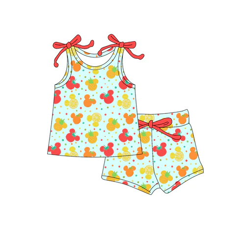 Custom Baby Girls Bows Sleeveless Cartoon Mouse Lemons Top Short Set D 4.18