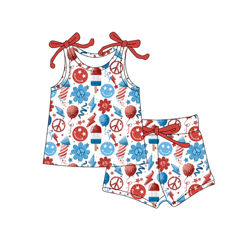 Custom Baby Girls Bows Sleeveless Blue Red Balloon Flowers Top Short 4th Of July Set D 4.18