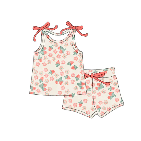 Custom Baby Girls Bows Sleeveless Strawberry Flowers Top Short Set D 4.18