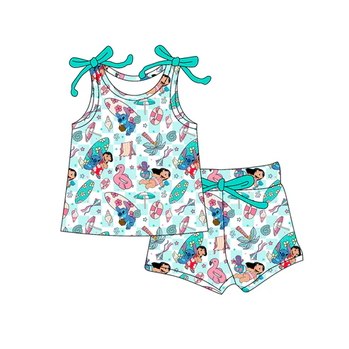 Custom Baby Girls Bows Sleeveless Cartoon Bunny Beach Top Short Set D 4.18