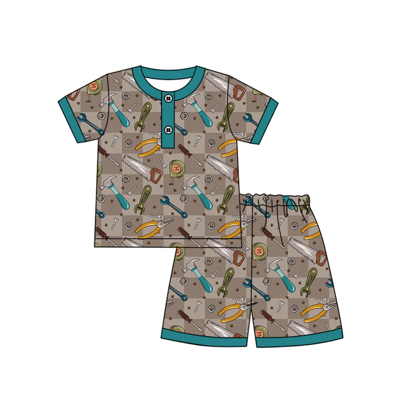 Custom Baby Boys Short Sleeves Daddy's Tools Button Top Shorts Pajamas Set D 4.19