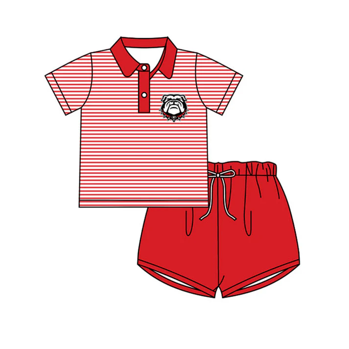 Custom red dog stripe kids boys team polo shirt set D 4.22