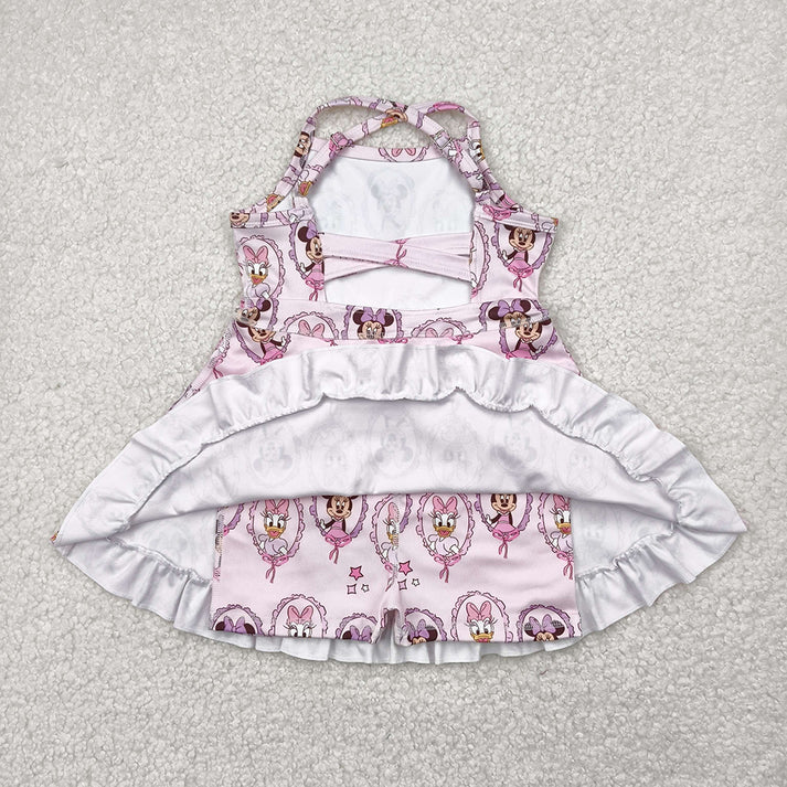 GSD2343 Baby Girls Strap Cartoon Mouse Ducks Yoga Active Knee Length Dresses D 4.2