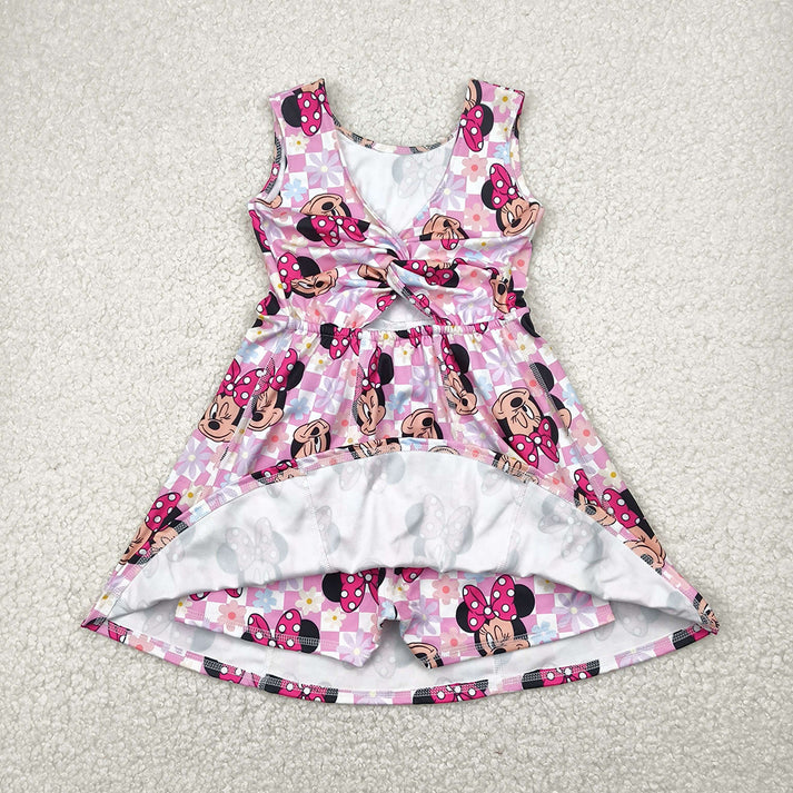 GSD2461 Cartoon Mouse Pink Backless Girls Summer Knee Length Yoga Dress D 4.12