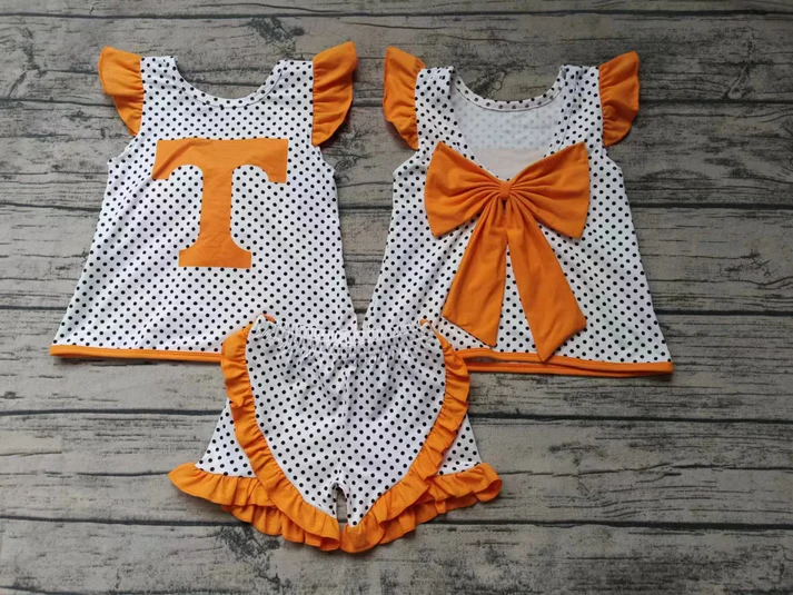 Custom T yellow polka dots girls team clothing setD 4.26
