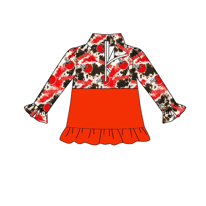 Custom orange tie dye ruffle long sleeves kids girls team zipper pullover D 4.29