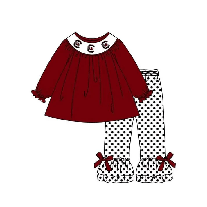 Custom maroon top polka dots ruffle pants girls team clothes D 4.30