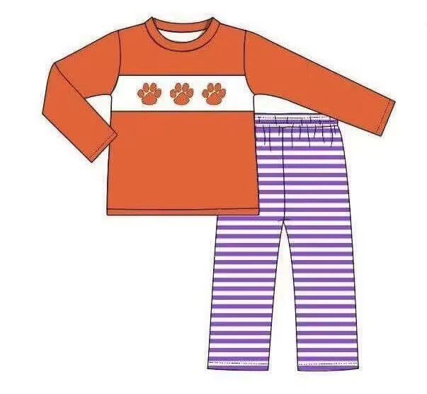 Custom orange long sleeves top purple stripe pants boys team set D 4.30