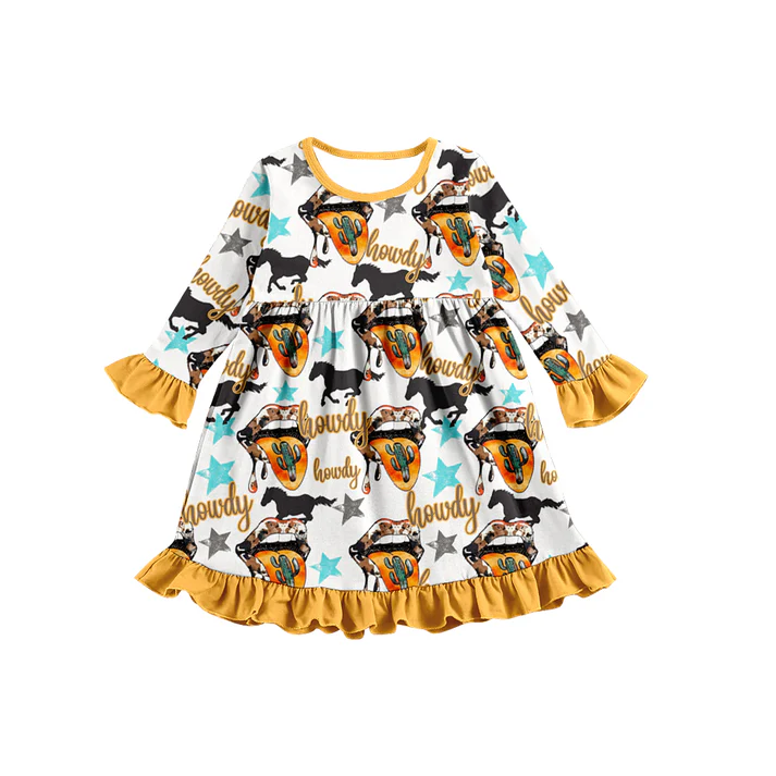 Custom Baby Girls Western Howdy Cactus long sleeve Knee Length Dresses D 5.7