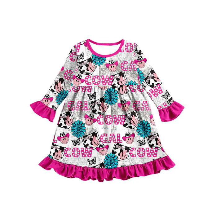 Custom Baby Girls Western Cowgirls long sleeve Knee Length Dresses D 5.7