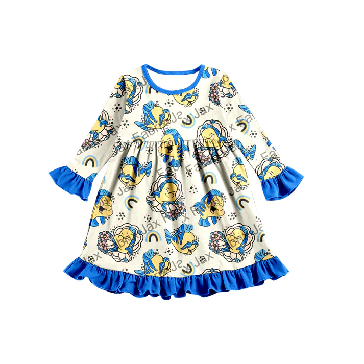 Custom Baby Girls Cartoon Fish Long Sleeve Dresses D 5.10
