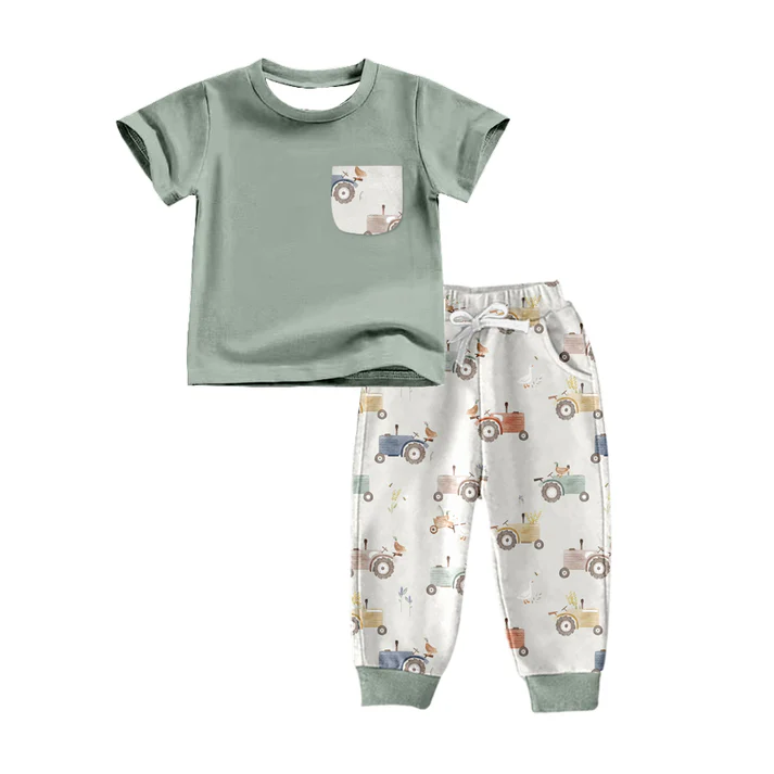 Custom Baby Boys Green Duck Tractor Pocket Shirt Pants Clothes Sets D 5.10
