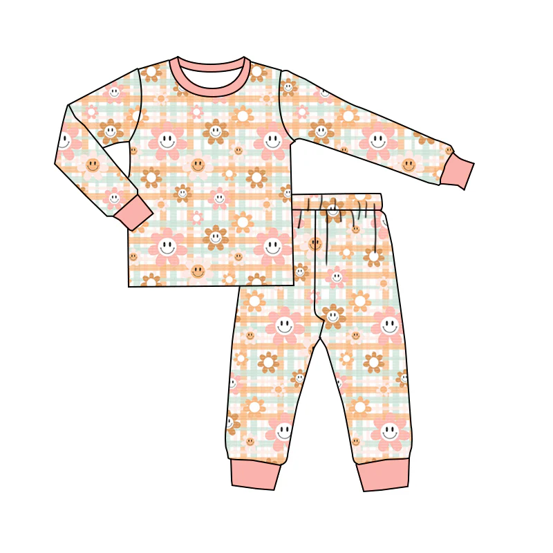 Custom Baby Girls Pink Flowers Smile Pajamas Clothing Sets D 5.10
