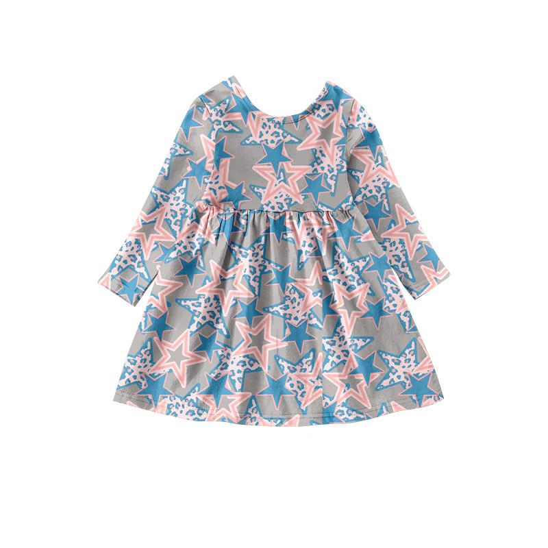 Custom Baby Girls Pink Stars long sleeve Knee Length Dresses D 5.10