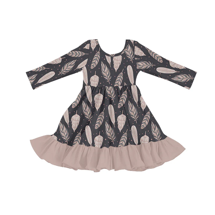 Custom Baby Girls Fall Leaves long sleeve Knee Length Dresses D 5.10