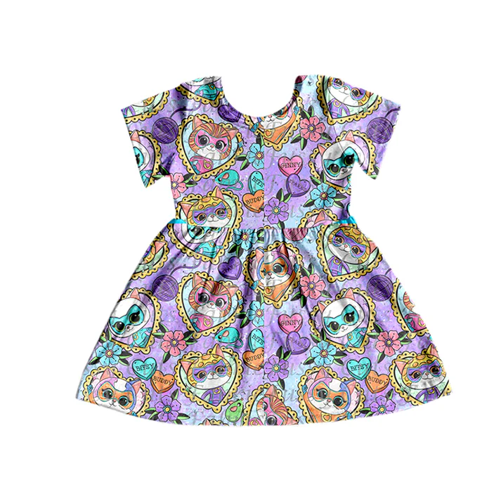 Custom Baby Girls Short Sleeve Cats Purple A-Line Dresses D 5.10