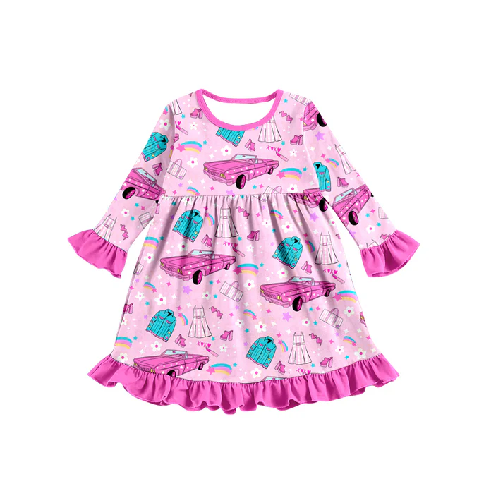 Custom Baby Girls Pink Doll Car A-Line Dresses D 5.12