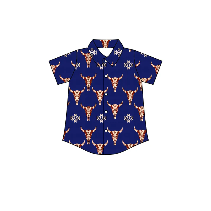 Custom Baby Boys Navy Cows Western Buttons Shirt Tops D 5.13