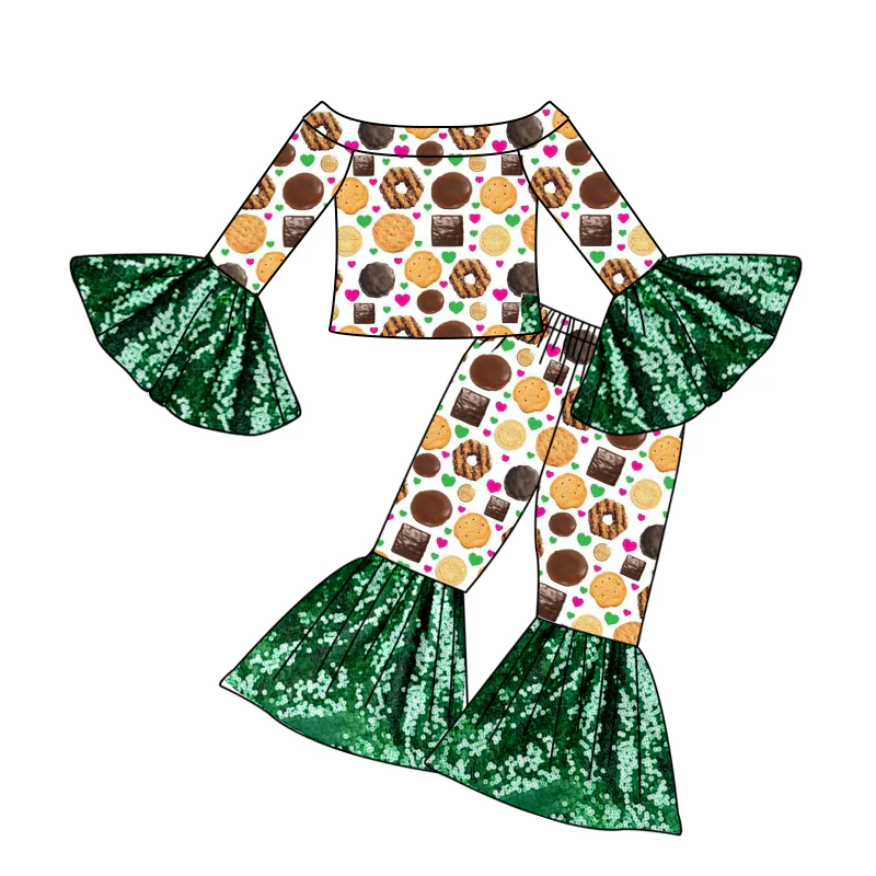 Custom Baby Girls Green Donuts Sequin Bell Pants Clothing Sets D 5.13