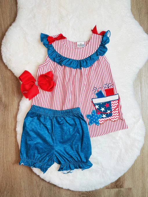 Custom Baby Girls July 4th Firework Shorts Set D 5.17