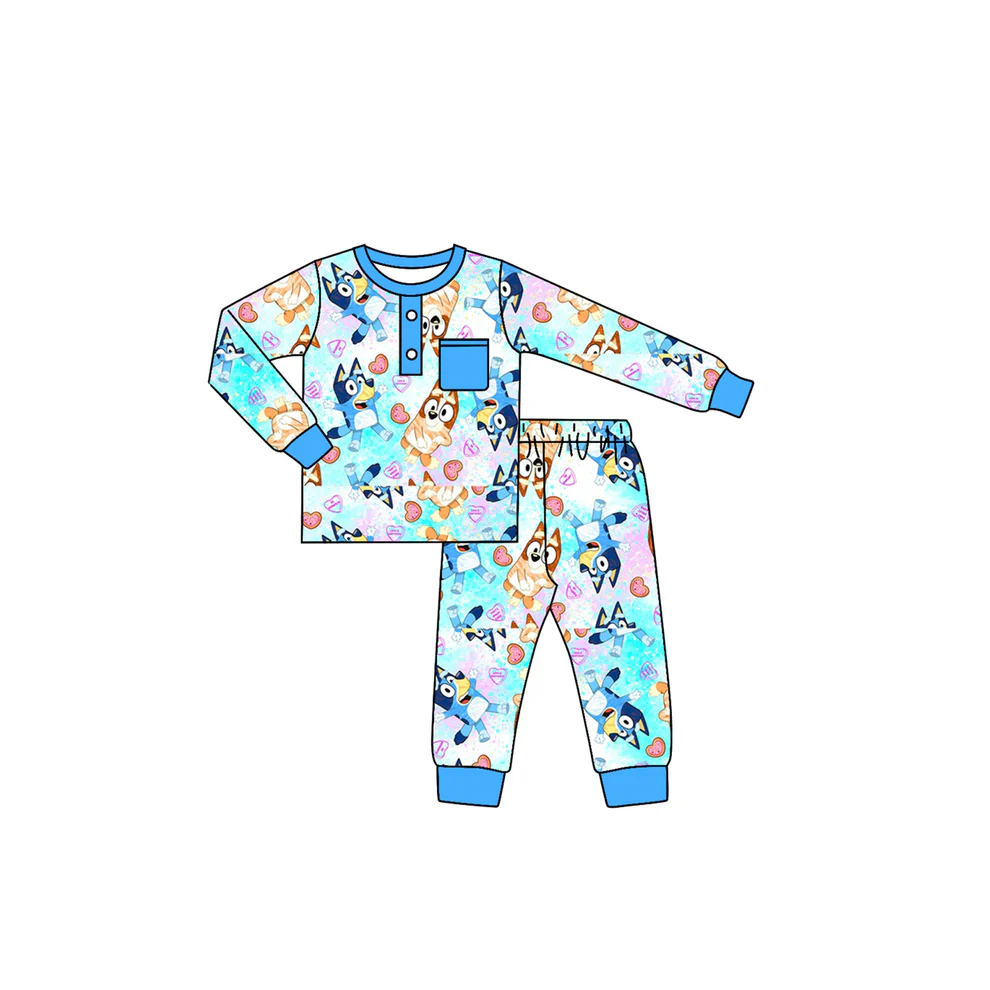 Custom Cute Cartoon Blue Dog Sister Pajamas Set D 5.17