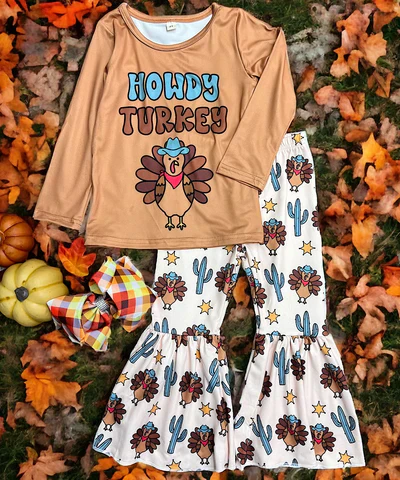 Custom Baby Girls Howdy Turkey Bell Bottom Pants Set D 5.1