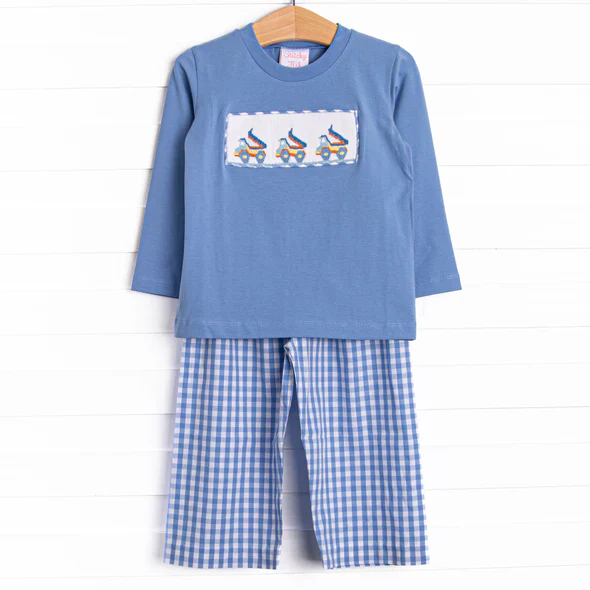 Custom Baby Boys Construction Top Blue Gingham Pants Set D 5.1