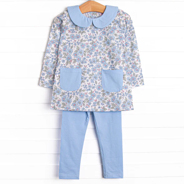 Custom Baby Girls Floral Long Sleeve Tunic Top Blue Leggings Set D 5.1