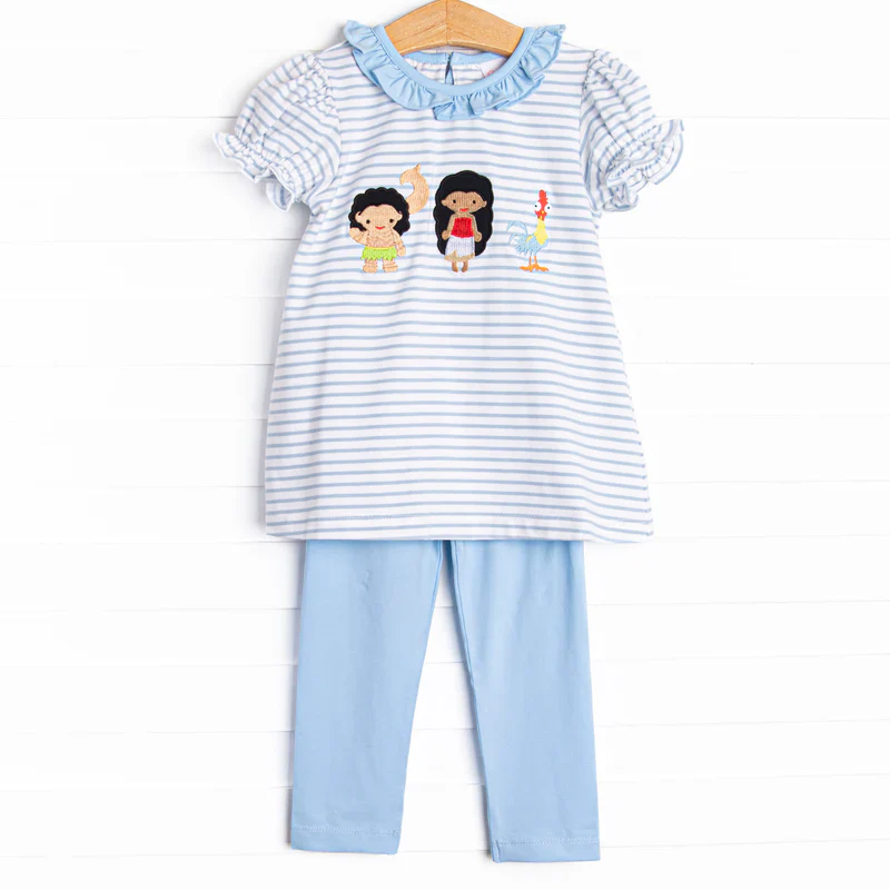 Custom Baby Girls Light Blue Stripe Short Ruffle Sleeves Princess Tunic Legging pants Set D 5.2