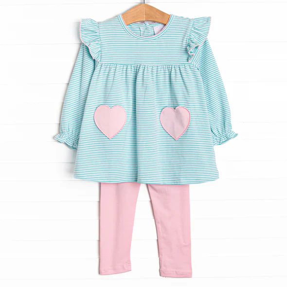 Custom Baby Girls Aqua Stripe Long Flutter Sleeves Pink Pockets Tunic pants Set D 5.2