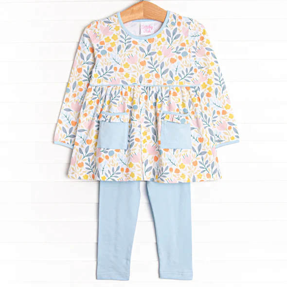 Custom Baby Girls Long Sleeves Yellow Floral Blue Pockets Tunic Legging Set D 5.2
