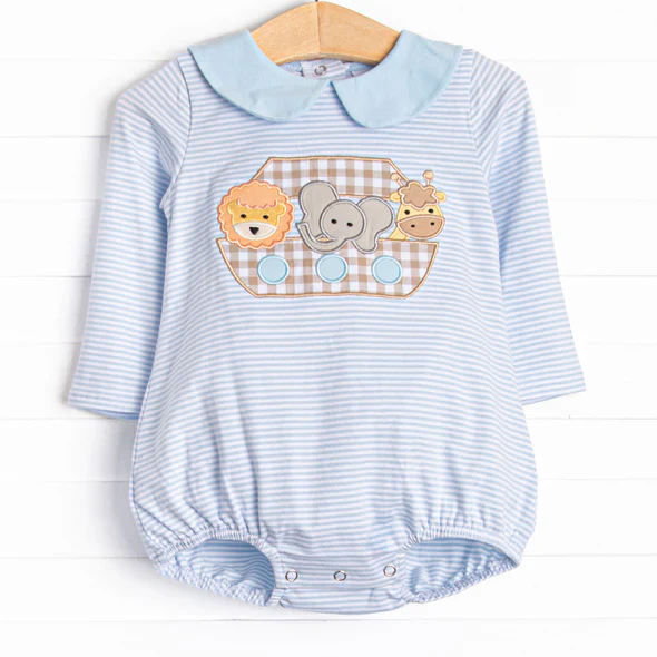 Custom Baby Boys Blue Stripe Elephant Lion Long Sleeve Ruffle Rompers D 5.2