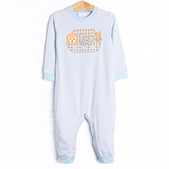 Custom Baby Boys Blue Stripe Elephant Lion Long Sleeve Rompers D 5.2