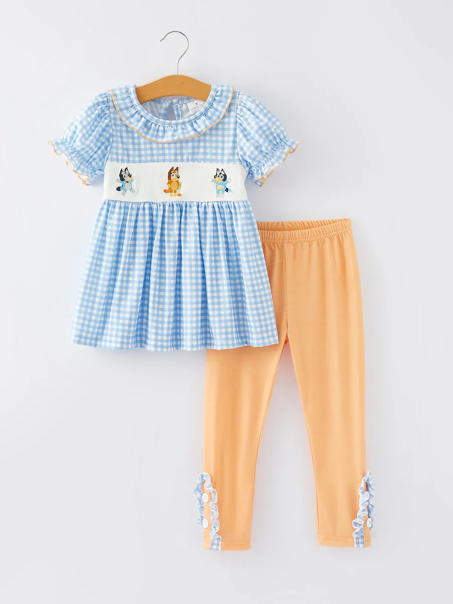 Custom Baby Girls Blue Gingham Cartoon Dog Leggings set D 5.3