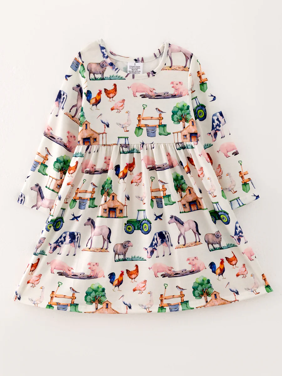 Custom Baby Girls Farm Animal Long Sleeve Dress D 5.3