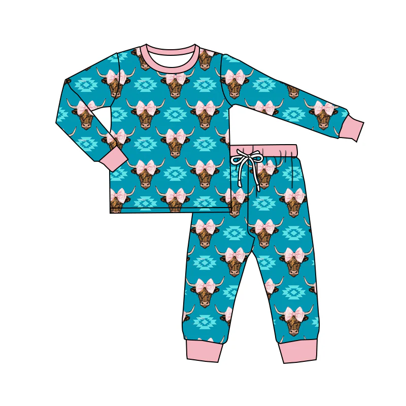 Custom Baby Girls Cow Pink Bow Two Piece Pajama Set D 5.3
