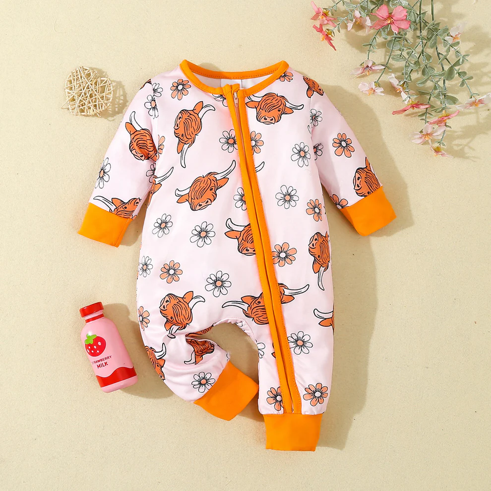 Custom Baby Girls Highland Cow Zip Romper D 5.20