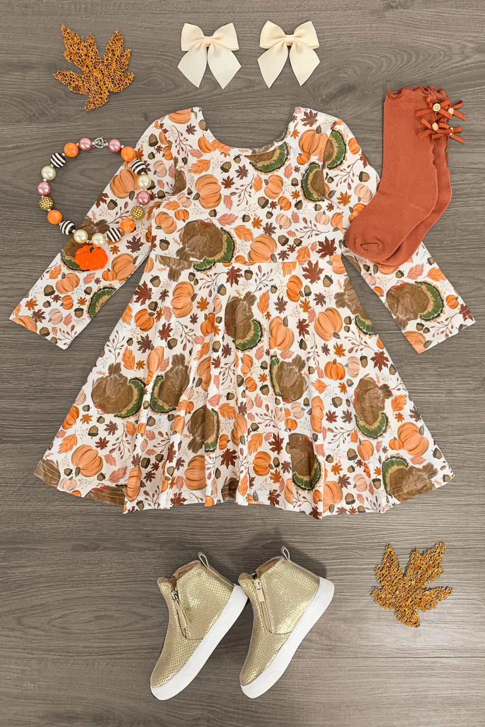 Custom Baby Girls Fall Pumpkin Turkey Long Sleeve Dress D 5.20