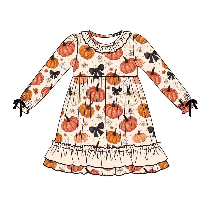 Custom Baby Girls Pretty Fall Pumpkin Bow Long Sleeve Dress D 5.21