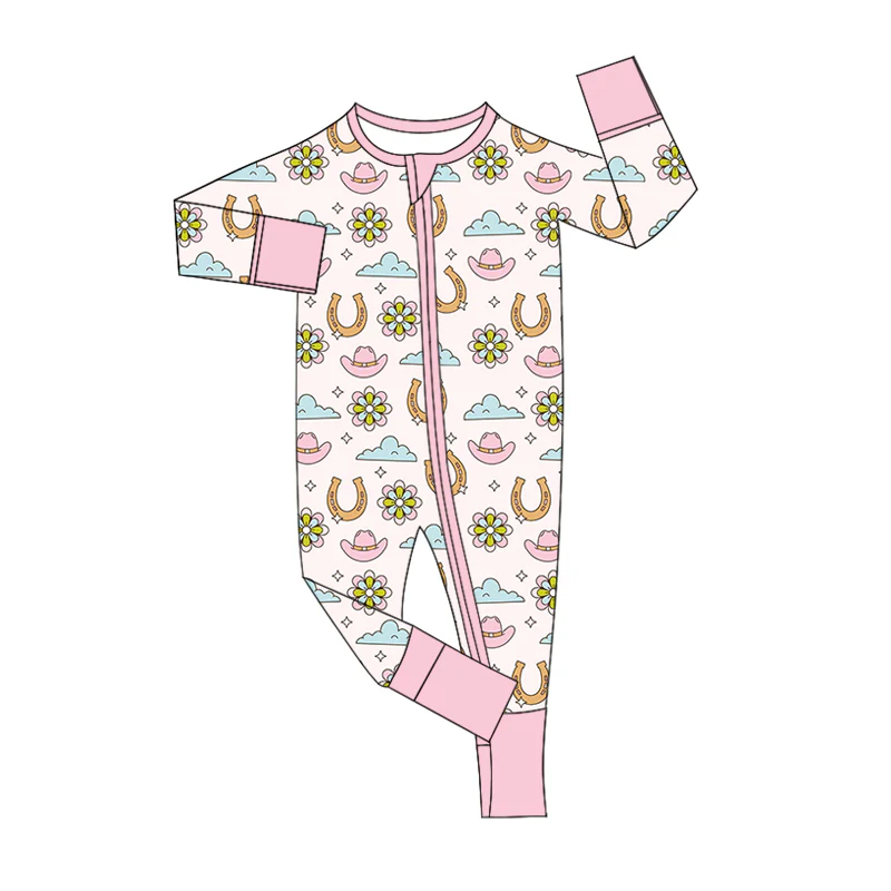 Custom Baby Girls Western Pink Long Sleeve Zip Romper D 5.21