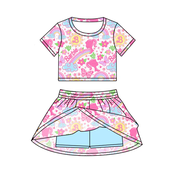 Custom Baby Girls Pink Doll Cartoon Top Skirt Skort Sets D 6.20