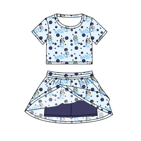 Custom Baby Girls Cute Dogs Cartoon Top Skirt Skort Sets D 6.20