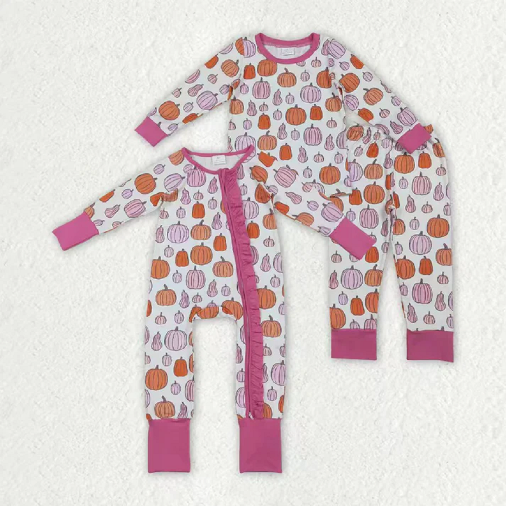 Sibling Baby Girls Pink Pumpkins Fall Pajamas Sets Ruffle Zipper Footie Rompers D 920