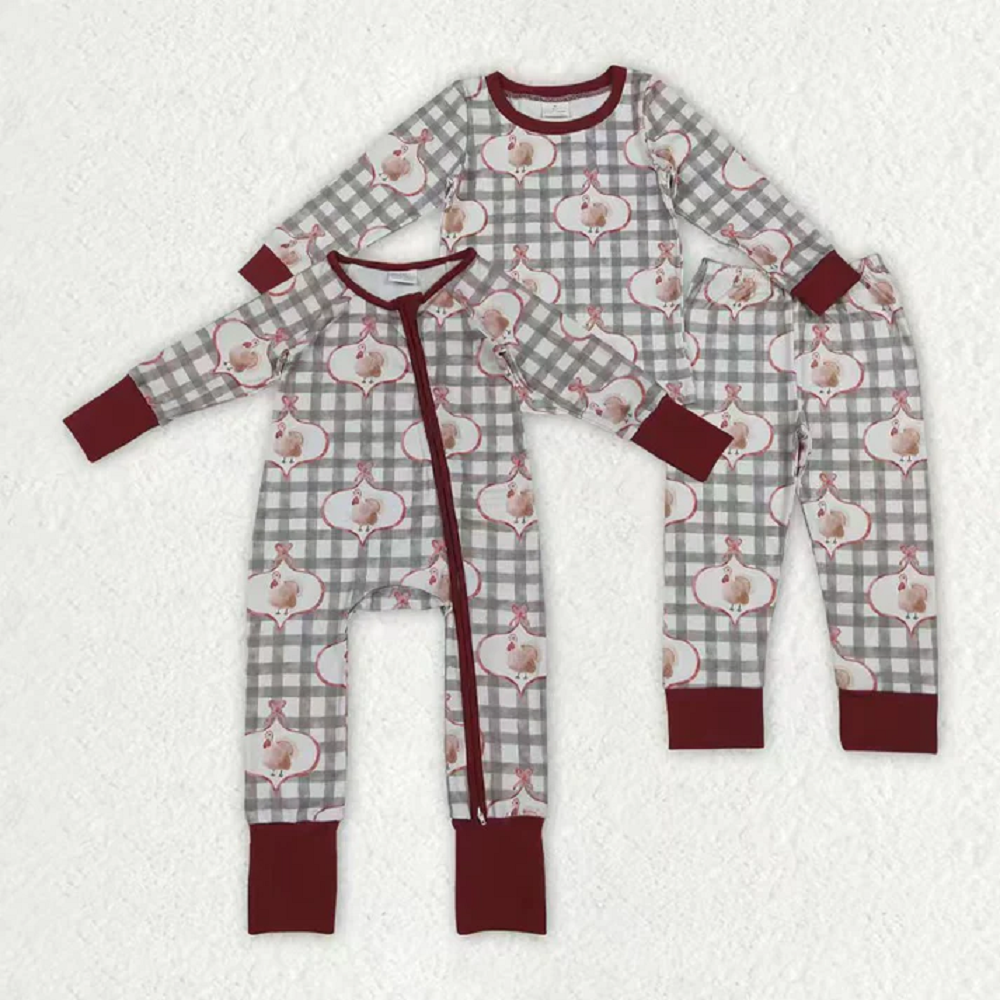 Sibling Baby Girls Turkey Checked Pants Thanksgiving Pajamas Sets Zipper Footie Rompers D 1018