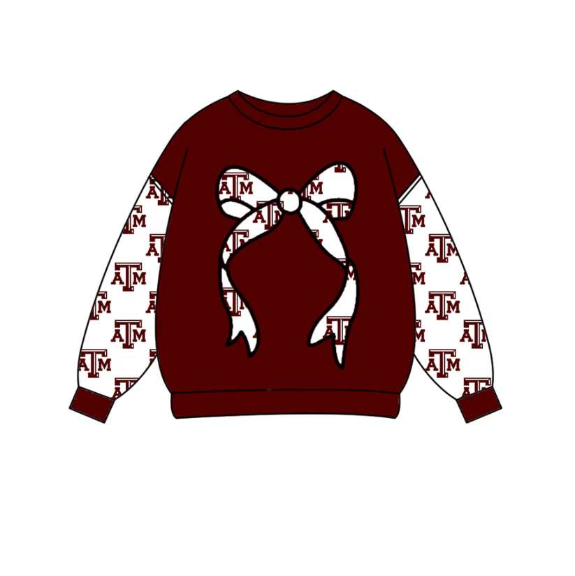 Custom moq 5 mix size milk silk summer team baby boys clothes dark red bow long sleeve top D 1018