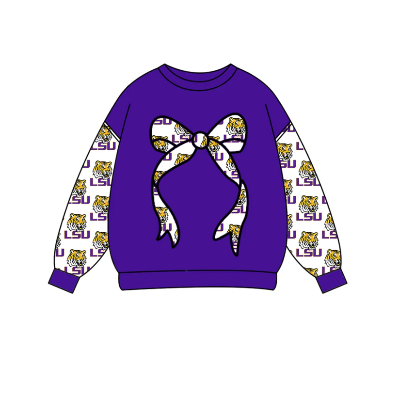 Custom moq 5 mix size milk silk summer team baby boys clothes purple bow long sleeve top D 1018