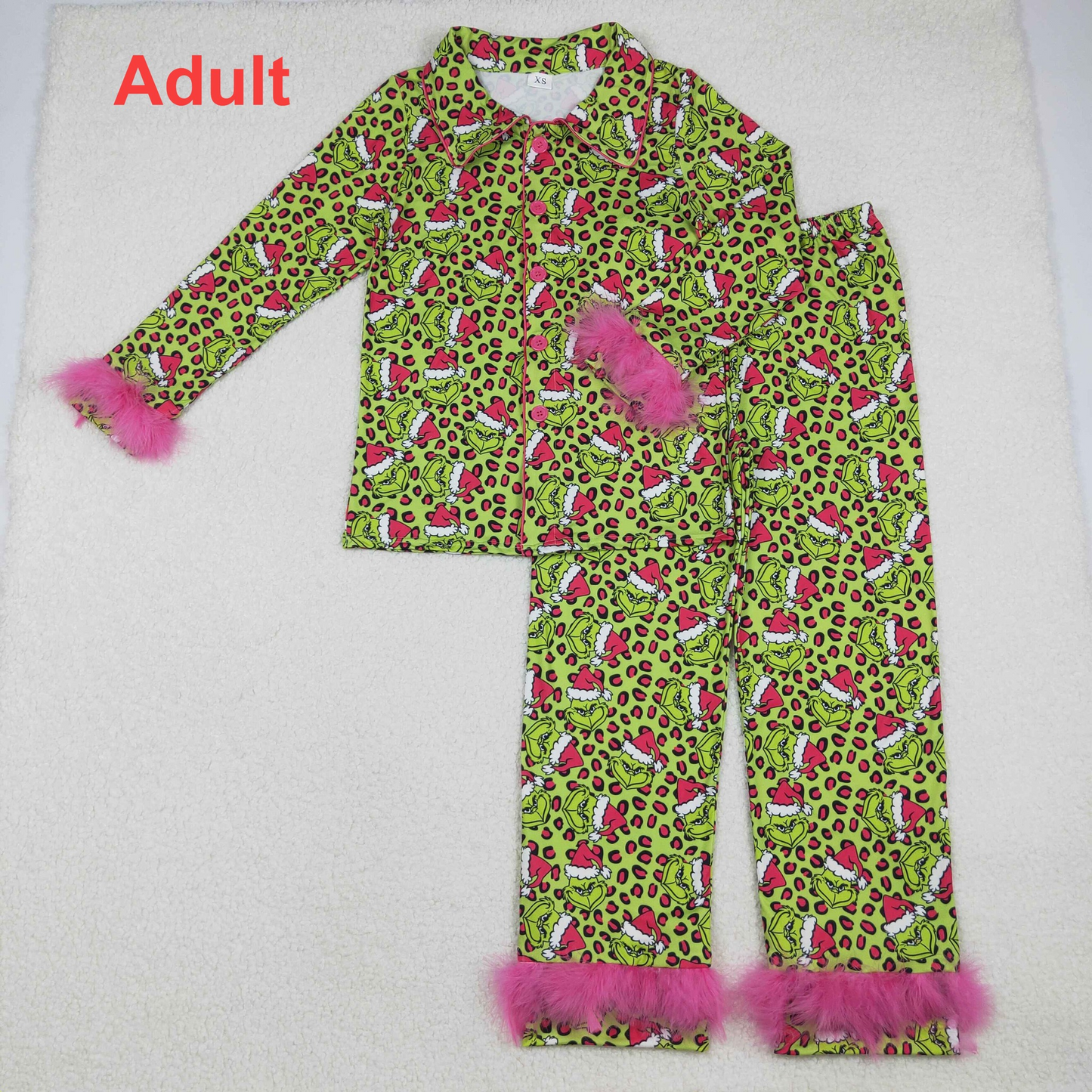 Mommy And Me Christmas Grin Leopard Button Top Pants Fur Sleeve Pajamas Set D 1024