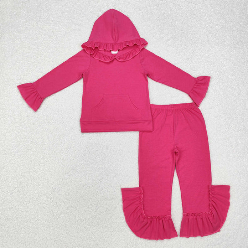 Match Baby Girls Hot Pink Pocket Hooded Top Ruffle Pants Clothes Sets D 6.16