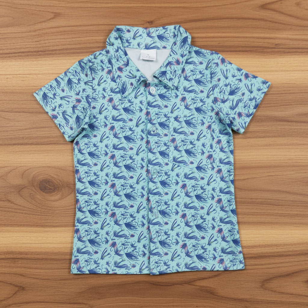 fish hook print boy button down t-shirt